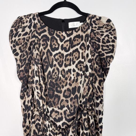 Eliza J 4P Petite Leopard Print Long Sleeve Midi Dress in Animal Brown Black - Picture 3 of 12
